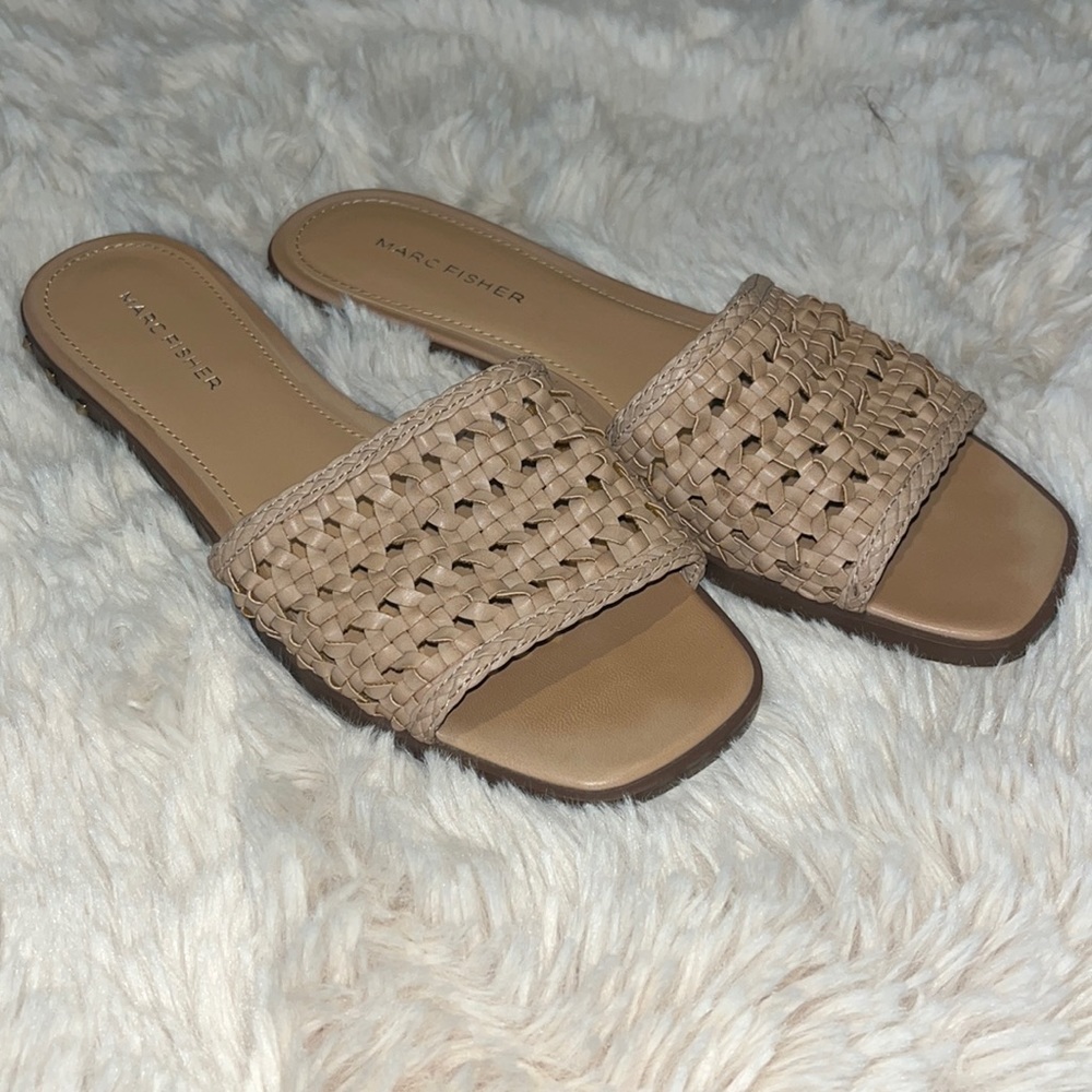 Marc Fisher Neutral Brown Woven Leather
Studded Slip On Sandals